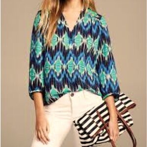 Banana Republic Petite Blue Ikat Riviera Blouse Bold Blue PM Medium Dress Shirt